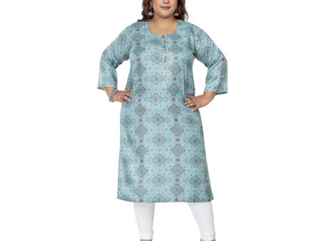 Generic Women s Casual 3 4th Sleeve Golden Foil Printed Rayon Straight Kurti (Blue) Fashion