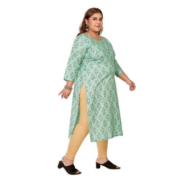 Generic Women s Casual 3 4th Sleeve Golden Foil Printed Pure Cotton Straight Kurti (Pista Green) Discount