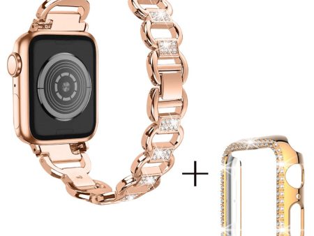 Apple Watch SE 2022 (44mm) rhinestone décor alloy strap with cover - Rose Gold For Sale