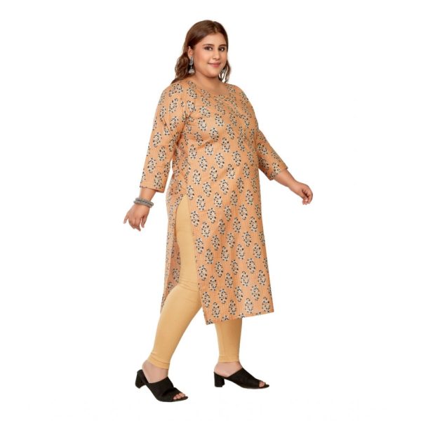 Generic Women s Casual 3 4th Sleeve Golden Foil Printed Pure Cotton Straight Kurti (Light Orange) Online Sale