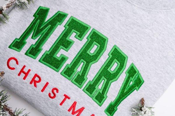 PREORDER: Embroidered Merry Christmas Glitter Applique Sweatshirt Cheap