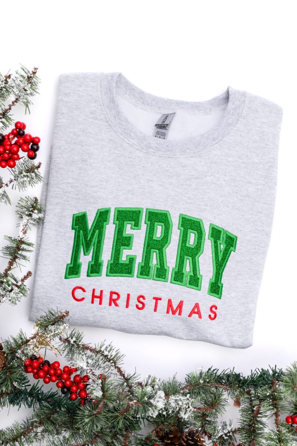 PREORDER: Embroidered Merry Christmas Glitter Applique Sweatshirt Cheap