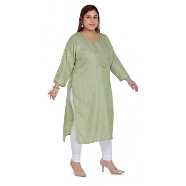 Generic Women s Casual 3 4th Sleeve Imported Fabric Self Embroidered Straight Kurti With Lining (Pista Green) Online now