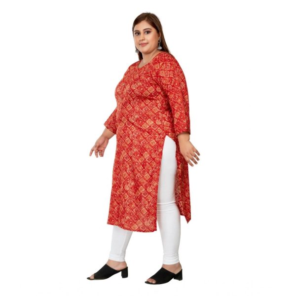 Generic Women s Casual 3 4th Sleeve Golden Foil Printed Capsule Cotton Straight Kurti (Red) on Sale