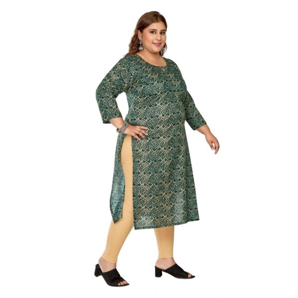 Generic Women s Casual 3 4th Sleeve Golden Foil Printed Capsule Cotton Straight Kurti (Dark Green) Fashion