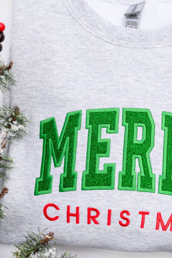 PREORDER: Embroidered Merry Christmas Glitter Applique Sweatshirt Cheap