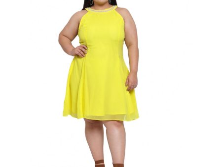 Generic Women s Georgette Solid Knee Length Fit and Flare Dress (Yellow) Online Sale