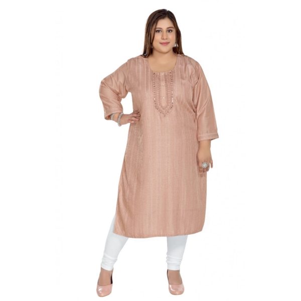 Generic Women s Casual 3 4th Sleeve Imported Fabric Self Embroidered Straight Kurti With Lining (Corel Pink) on Sale