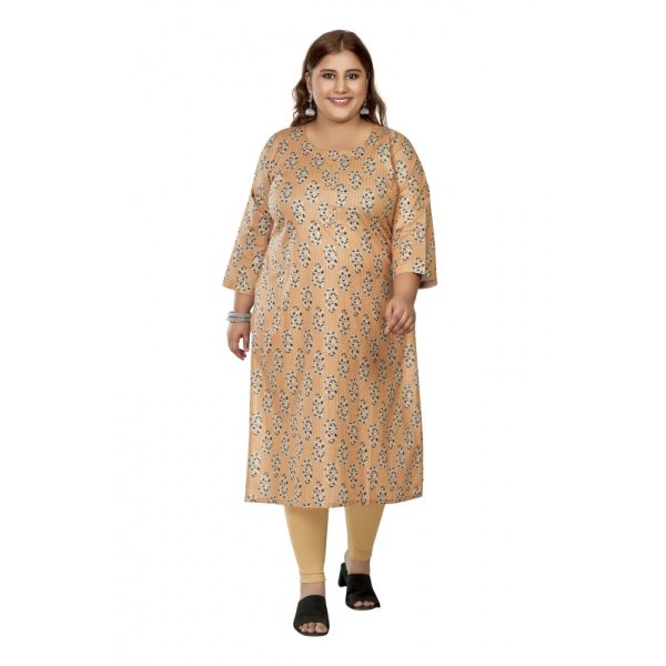 Generic Women s Casual 3 4th Sleeve Golden Foil Printed Pure Cotton Straight Kurti (Light Orange) Online Sale