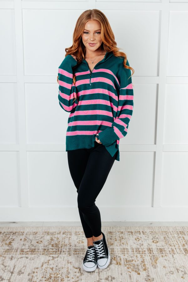 Well Situated Striped Quarter Zip Sweater in Green and Pink Supply