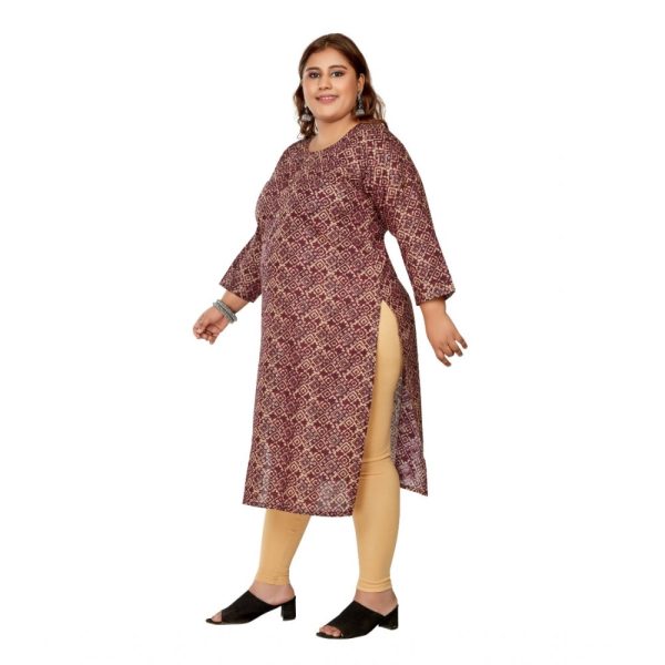 Generic Women s Casual 3 4th Sleeve Golden Foil Printed Capsule Cotton Straight Kurti (Maroon) For Discount