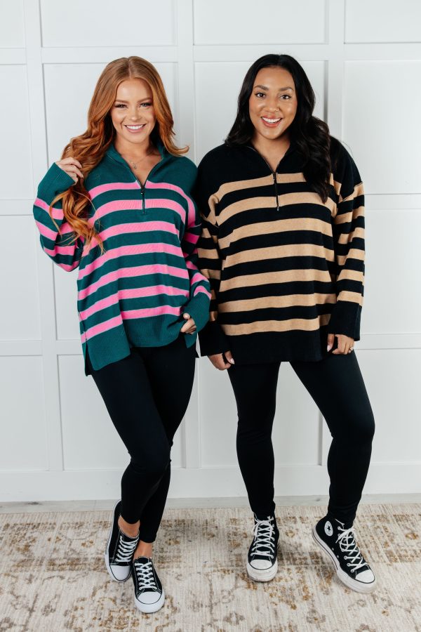 Well Situated Striped Quarter Zip Sweater in Green and Pink Supply