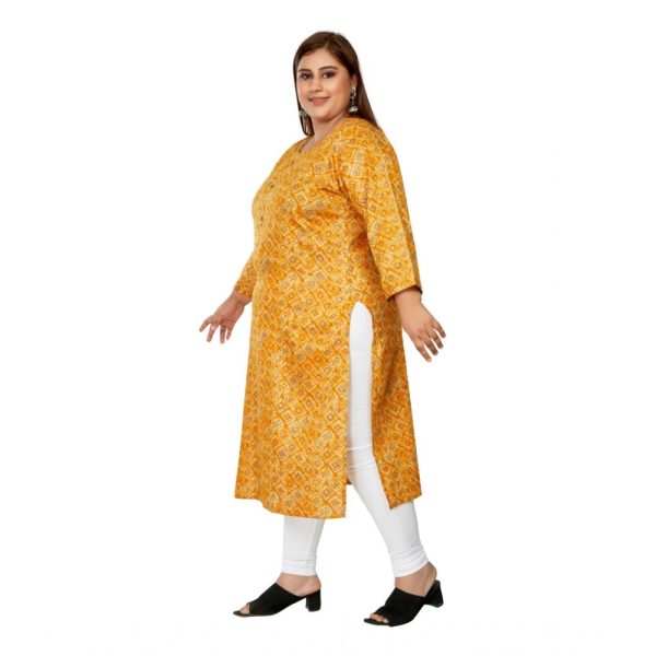 Generic Women s Casual 3 4th Sleeve Golden Foil Printed Capsule Cotton Straight Kurti (Yellow) Fashion