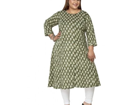 Generic Women s Casual 3 4th Sleeve Printed Pure Cotton Prince Cut A-Line Kurti (Green) Fashion