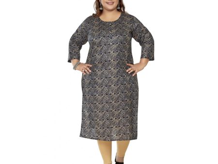 Generic Women s Casual 3 4th Sleeve Golden Foil Printed Capsule Cotton Straight Kurti (Navy Blue) Online now