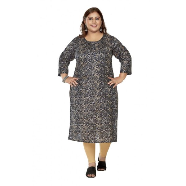 Generic Women s Casual 3 4th Sleeve Golden Foil Printed Capsule Cotton Straight Kurti (Navy Blue) Online now