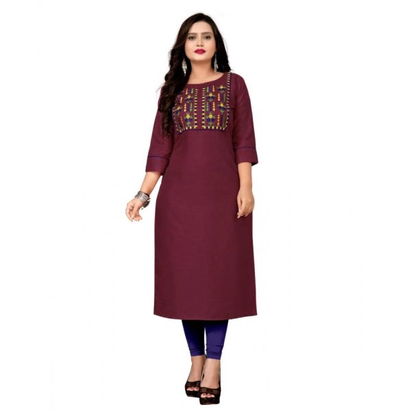 Generic Women s Cotton Embroidery Straight Kurti (Maroon) For Cheap