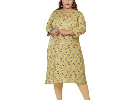 Generic Women s Casual 3 4th Sleeve Golden Foil Printed Pure Cotton Straight Kurti (Light Yellow) Online now