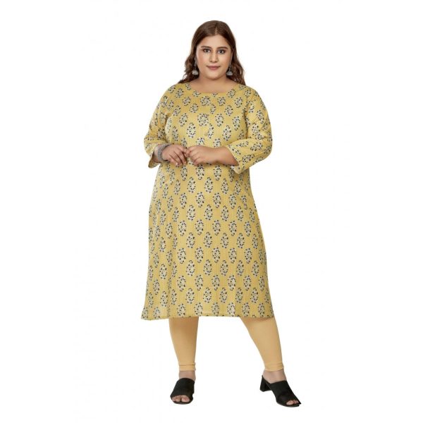 Generic Women s Casual 3 4th Sleeve Golden Foil Printed Pure Cotton Straight Kurti (Light Yellow) Online now