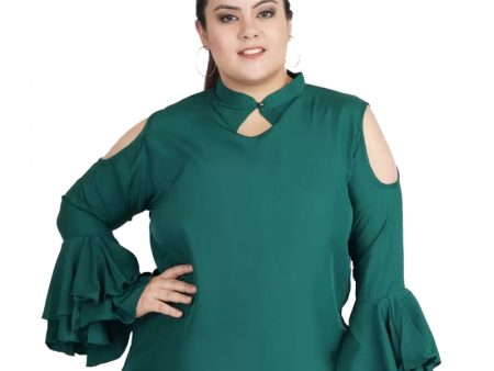 Generic Women s Casual Bell Sleeve Solid Green Top (Color:Green, Material:Crepe) Online Sale