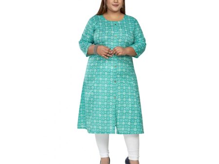 Generic Women s Casual 3 4th Sleeve Regular Printed Pure Cotton Prince Cut A-Line Kurti (Turquoise) Fashion