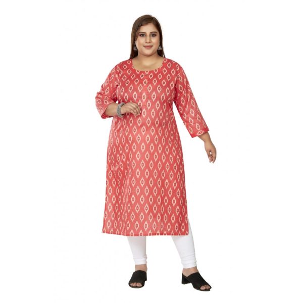 Generic Women s Casual 3 4th Sleeve Ikkat Printed Pure Cotton Straight Kurti (Pink) Hot on Sale