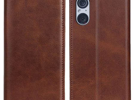 Wallet-style genuine leather flipcase for Sony Xperia 5 V - Coffee Online Sale