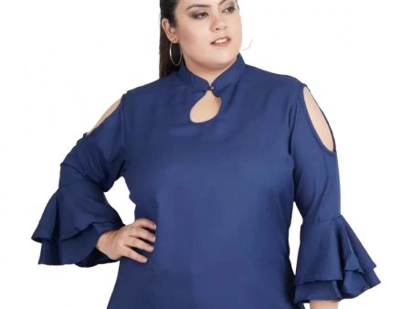 Generic Women s Casual Bell Sleeve Solid Blue Top (Color:Blue, Material:Crepe) Online