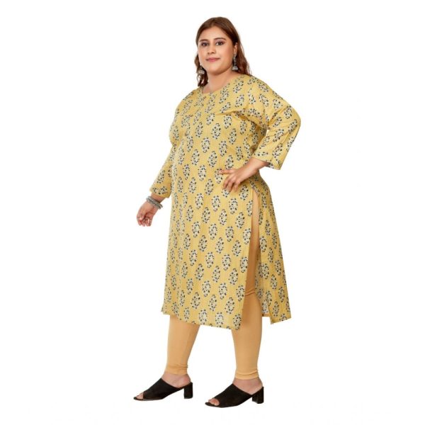 Generic Women s Casual 3 4th Sleeve Golden Foil Printed Pure Cotton Straight Kurti (Light Yellow) Online now