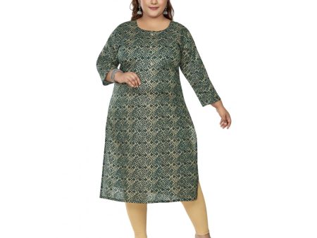 Generic Women s Casual 3 4th Sleeve Golden Foil Printed Capsule Cotton Straight Kurti (Dark Green) Fashion