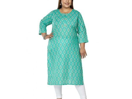 Generic Women s Casual 3 4th Sleeve Ikkat Printed Pure Cotton Straight Kurti (Turquoise) Discount