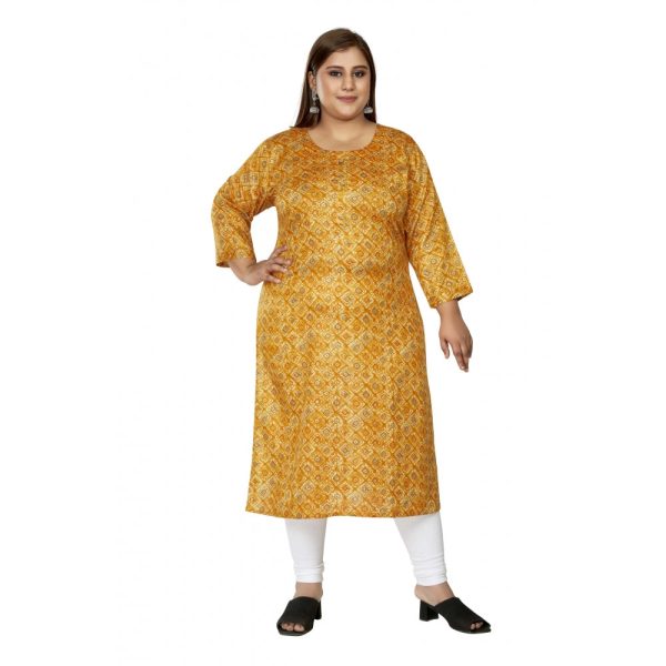 Generic Women s Casual 3 4th Sleeve Golden Foil Printed Capsule Cotton Straight Kurti (Yellow) Fashion