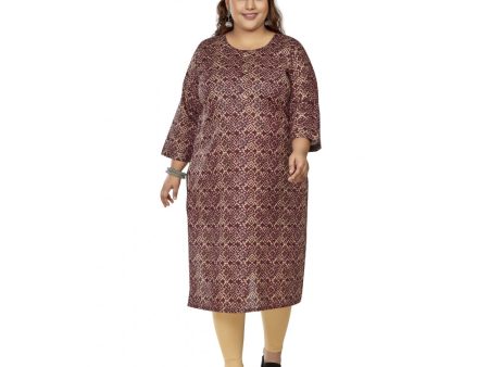 Generic Women s Casual 3 4th Sleeve Golden Foil Printed Capsule Cotton Straight Kurti (Maroon) For Discount