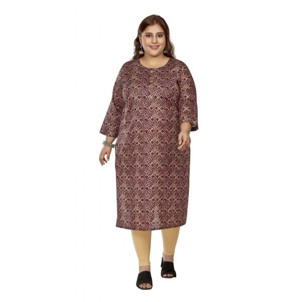 Generic Women s Casual 3 4th Sleeve Golden Foil Printed Capsule Cotton Straight Kurti (Maroon) For Discount