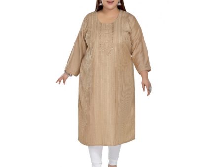 Generic Women s Casual 3 4th Sleeve Imported Fabric Self Embroidered Straight Kurti With Lining (Tan) Sale