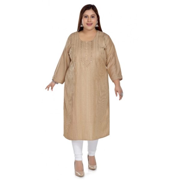 Generic Women s Casual 3 4th Sleeve Imported Fabric Self Embroidered Straight Kurti With Lining (Tan) Sale