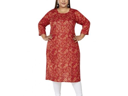 Generic Women s Casual 3 4th Sleeve Golden Foil Printed Capsule Cotton Straight Kurti (Red) on Sale