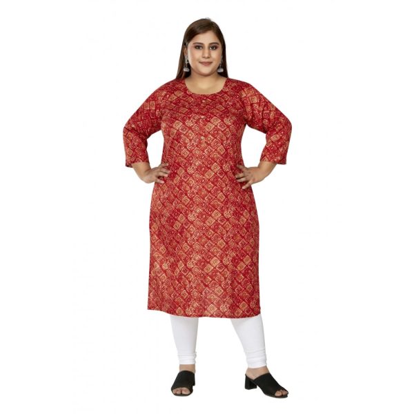 Generic Women s Casual 3 4th Sleeve Golden Foil Printed Capsule Cotton Straight Kurti (Red) on Sale