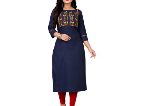 Generic Women s Cotton Embroidery Straight Kurti (Navy Blue) Online