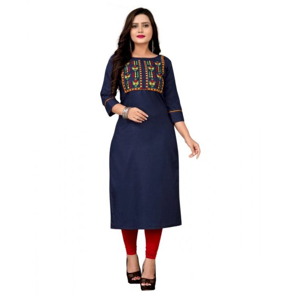 Generic Women s Cotton Embroidery Straight Kurti (Navy Blue) Online