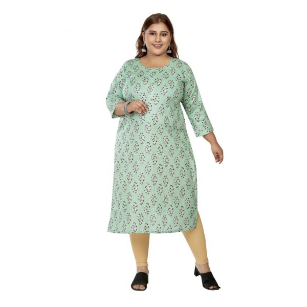 Generic Women s Casual 3 4th Sleeve Golden Foil Printed Pure Cotton Straight Kurti (Pista Green) Discount