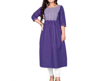 Generic Women s Cotton Embroidery Straight Kurti (Purple) Hot on Sale