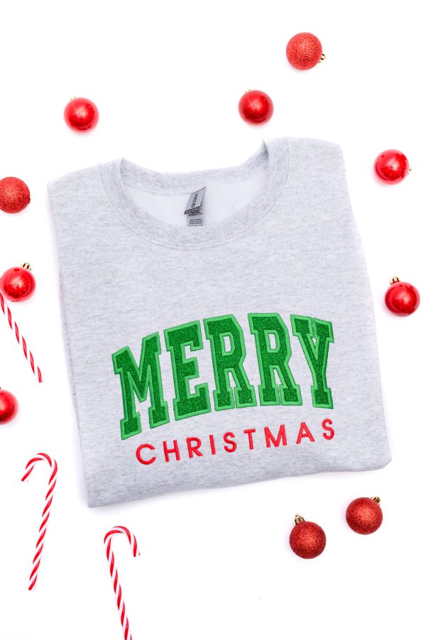 PREORDER: Embroidered Merry Christmas Glitter Applique Sweatshirt Cheap