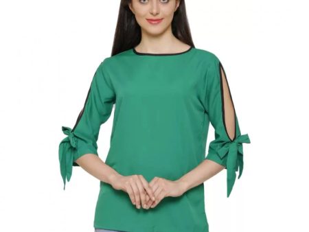 Generic Women s Casual Slit Sleeve Solid Green Top (Color:Green, Material:Poly Crepe) Online Sale