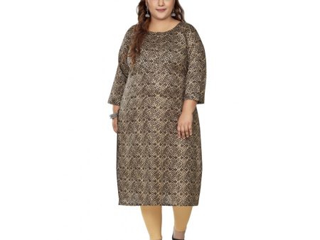 Generic Women s Casual 3 4th Sleeve Golden Foil Printed Capsule Cotton Straight Kurti (Brown) Online now