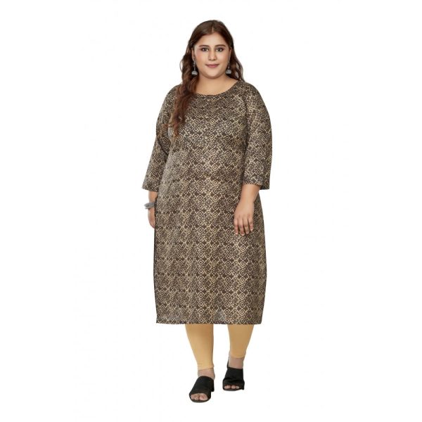 Generic Women s Casual 3 4th Sleeve Golden Foil Printed Capsule Cotton Straight Kurti (Brown) Online now