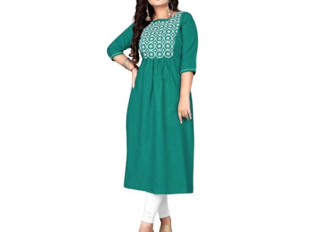 Generic Women s Cotton Embroidery Straight Kurti (Turquoise Green) Online now